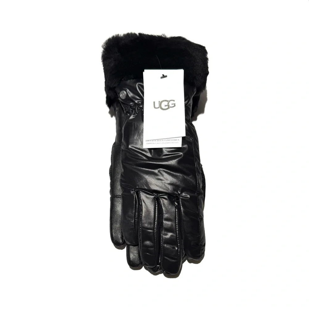 UGG Black Shearling-Trim Touchscreen Leather Gloves NWT